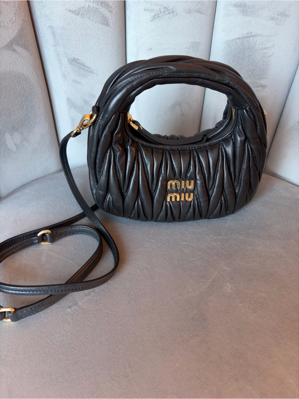 Miu Miu Black Wander Nappa Leather Matelassé Mini Bag with Gold Hardware - Picture 6 of 12